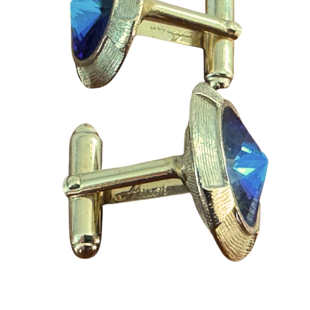 Anson Signed Blue Rivoli Crystal Gold Tone Cufflinks Vintage - Picture 8 of 11